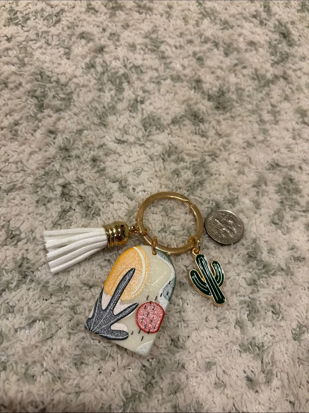 Bohemian Southwest Desert White Tassel Cactus Keychain Bag Charm NWT 2.5”